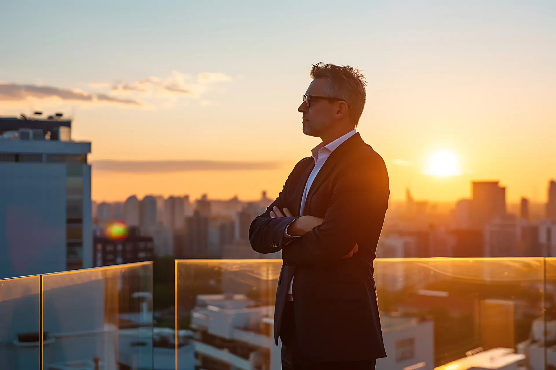 Homem de negócios confiante ao pôr do sol, refletindo sobre o futuro do inglês personalizado