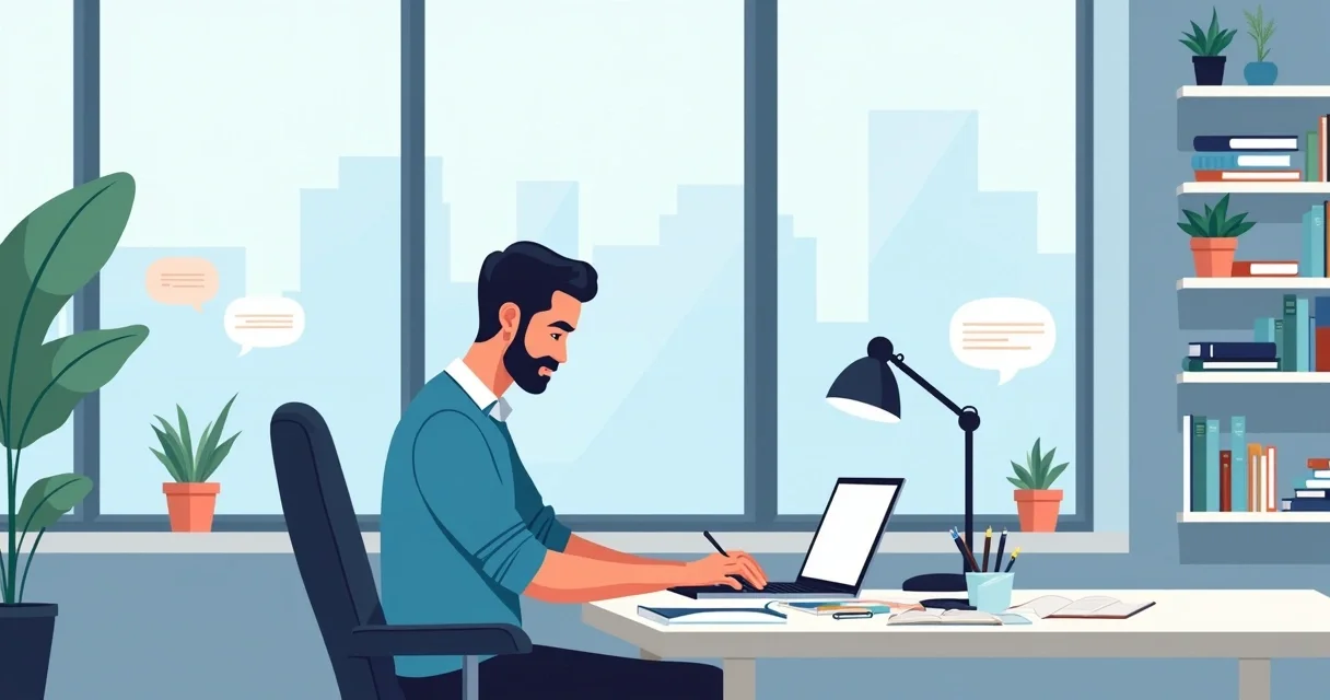 Homem adulto estudando inglês em ambiente corporativo com laptop e cadernos