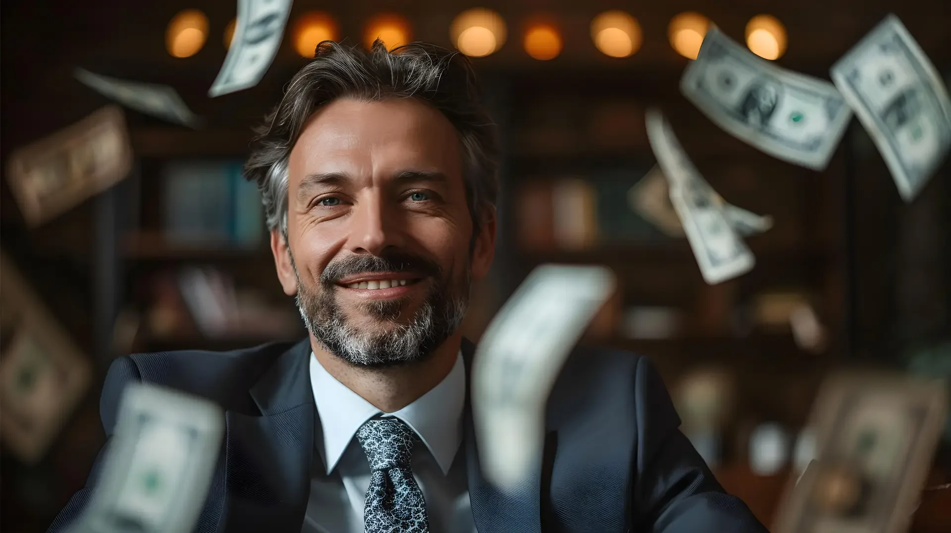 Homem de negócios sorridente rodeado por notas de dólar, simbolizando aumento de salário com o inglês.