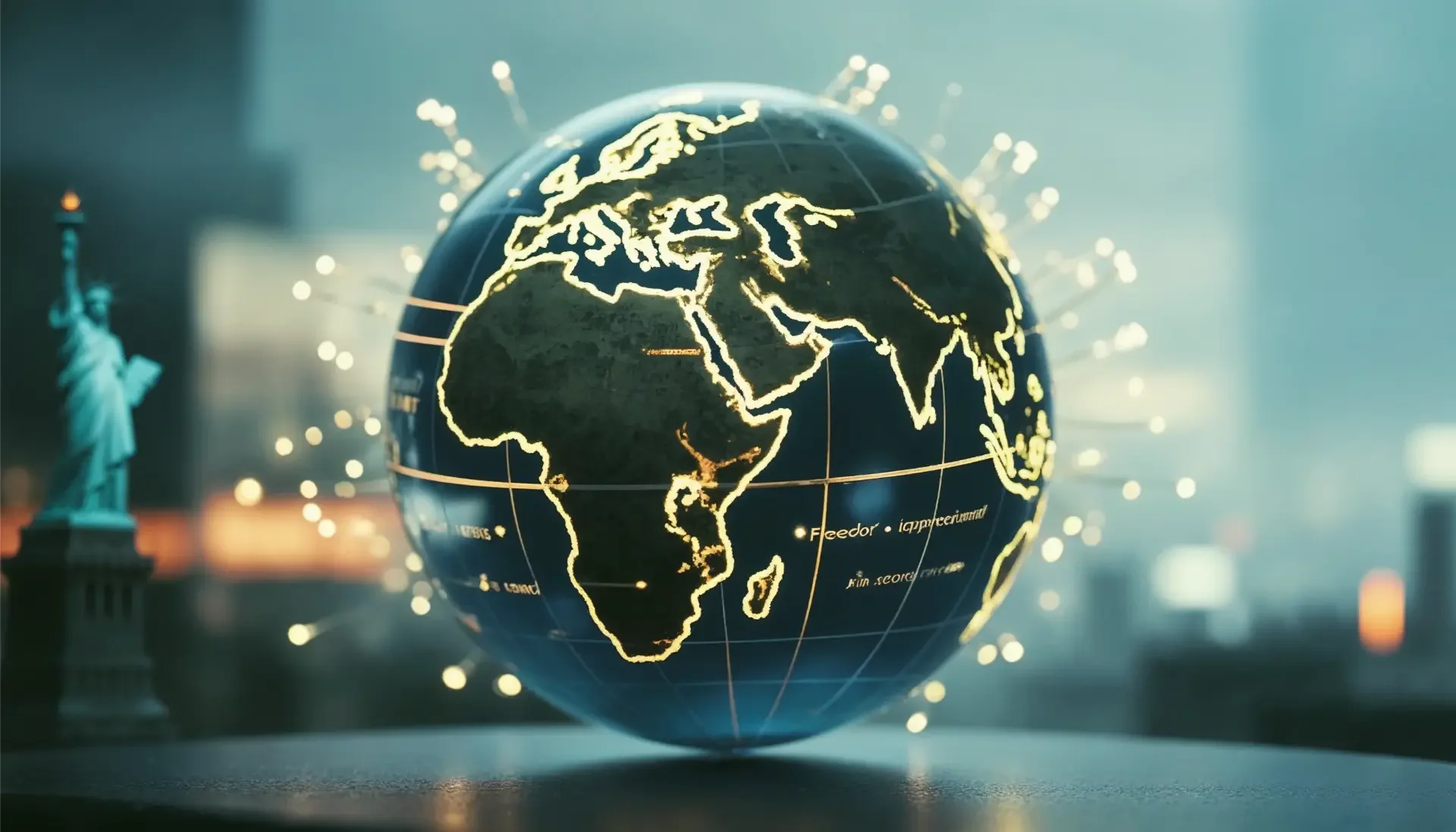 Globo terrestre iluminado com conexões digitais ao redor do mundo, representando a influência global do inglês. 23 de abril, Dia Mundial do Inglês — idioma global para negócios, cultura e carreira