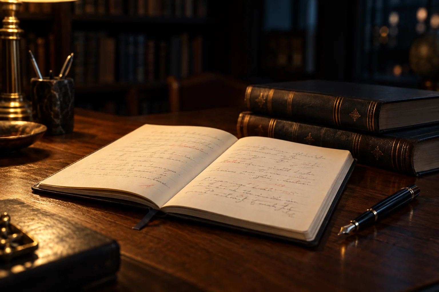 Caderno de estudos com anotações, livros e uma caneta.