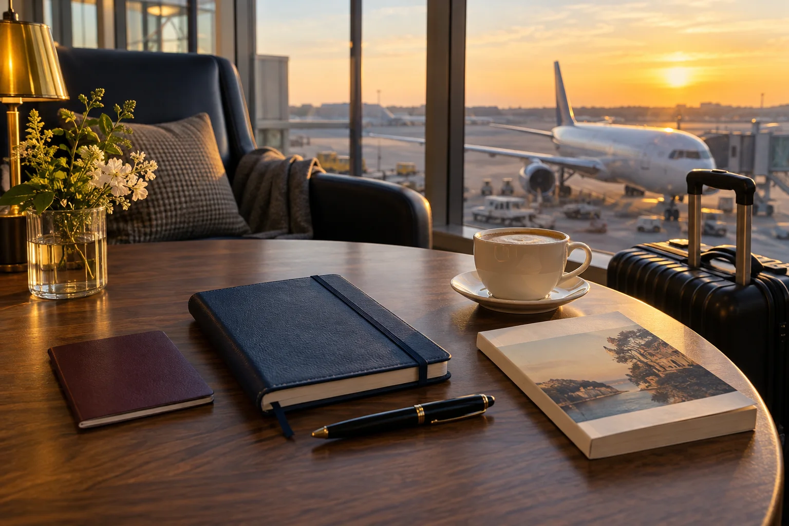 Diário de estudos e livro em uma sala de espera de aeroporto.