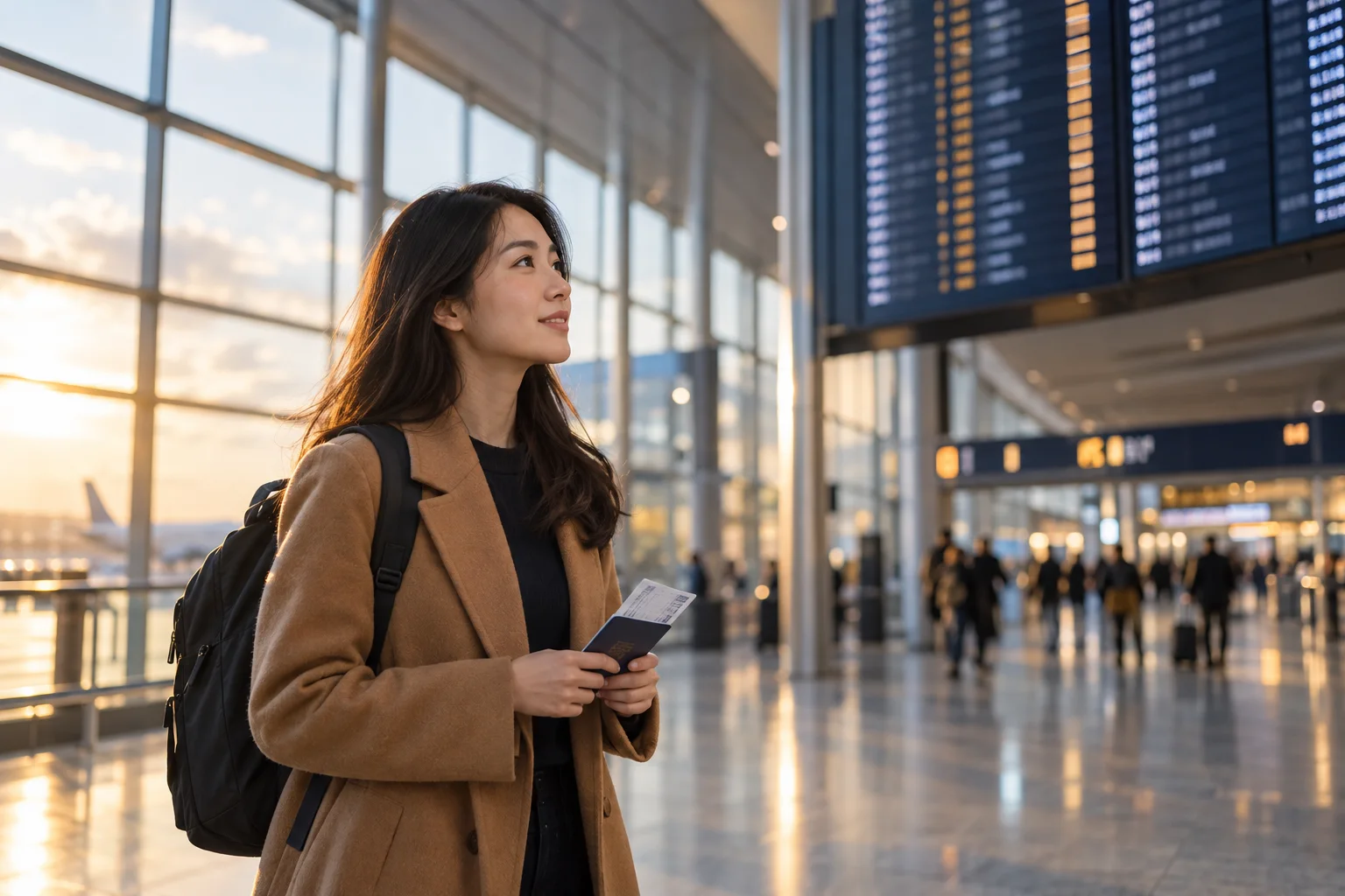 Viajante observando o painel de partidas de um aeroporto.