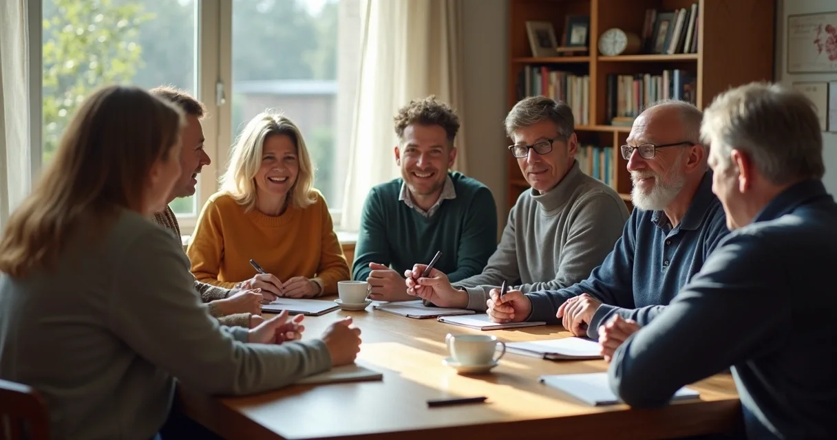 Pessoas conversando em inglês ao redor de uma mesa 
