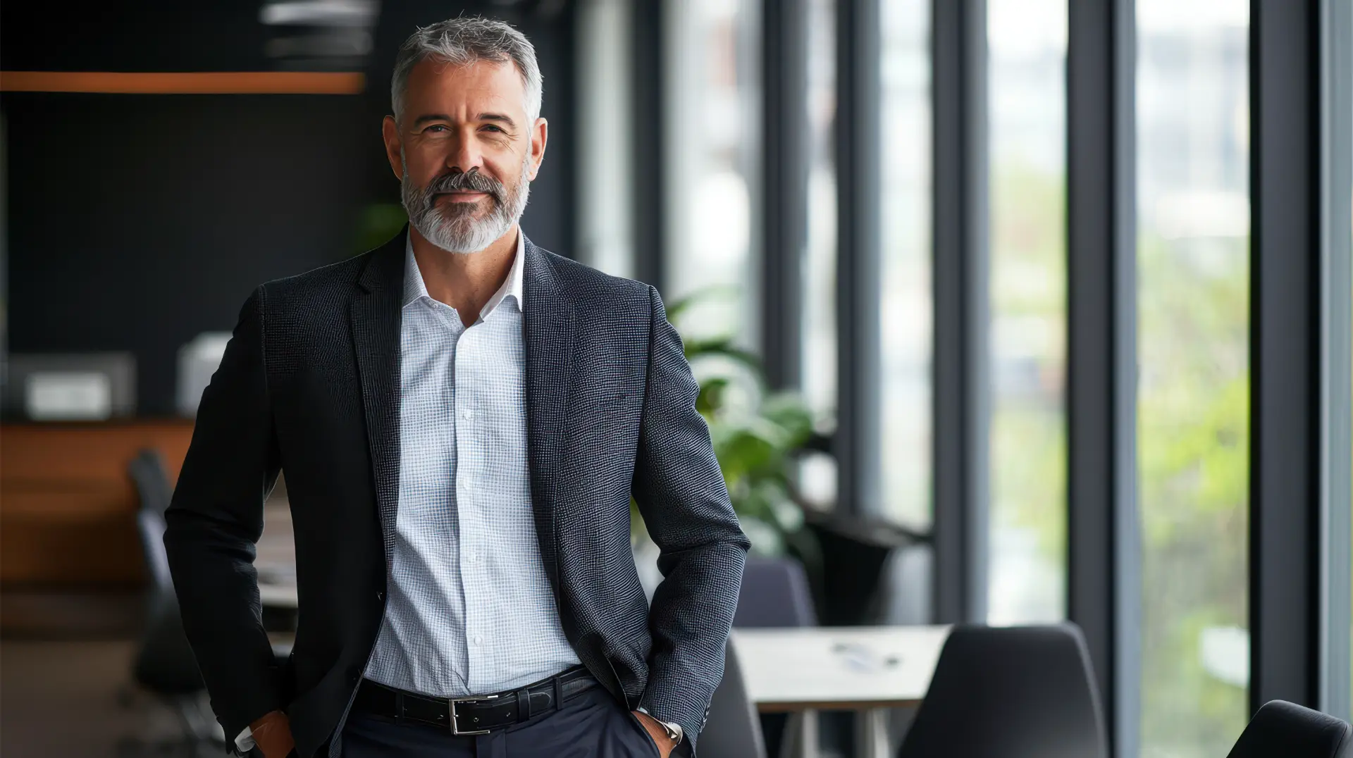 Executivo sorridente em escritório moderno, representando sucesso profissional com o inglês.