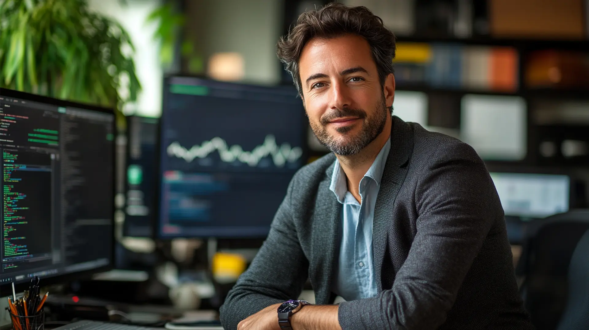 Profissional de tecnologia trabalhando com código e gráficos, representando domínio técnico e fluência em inglês.