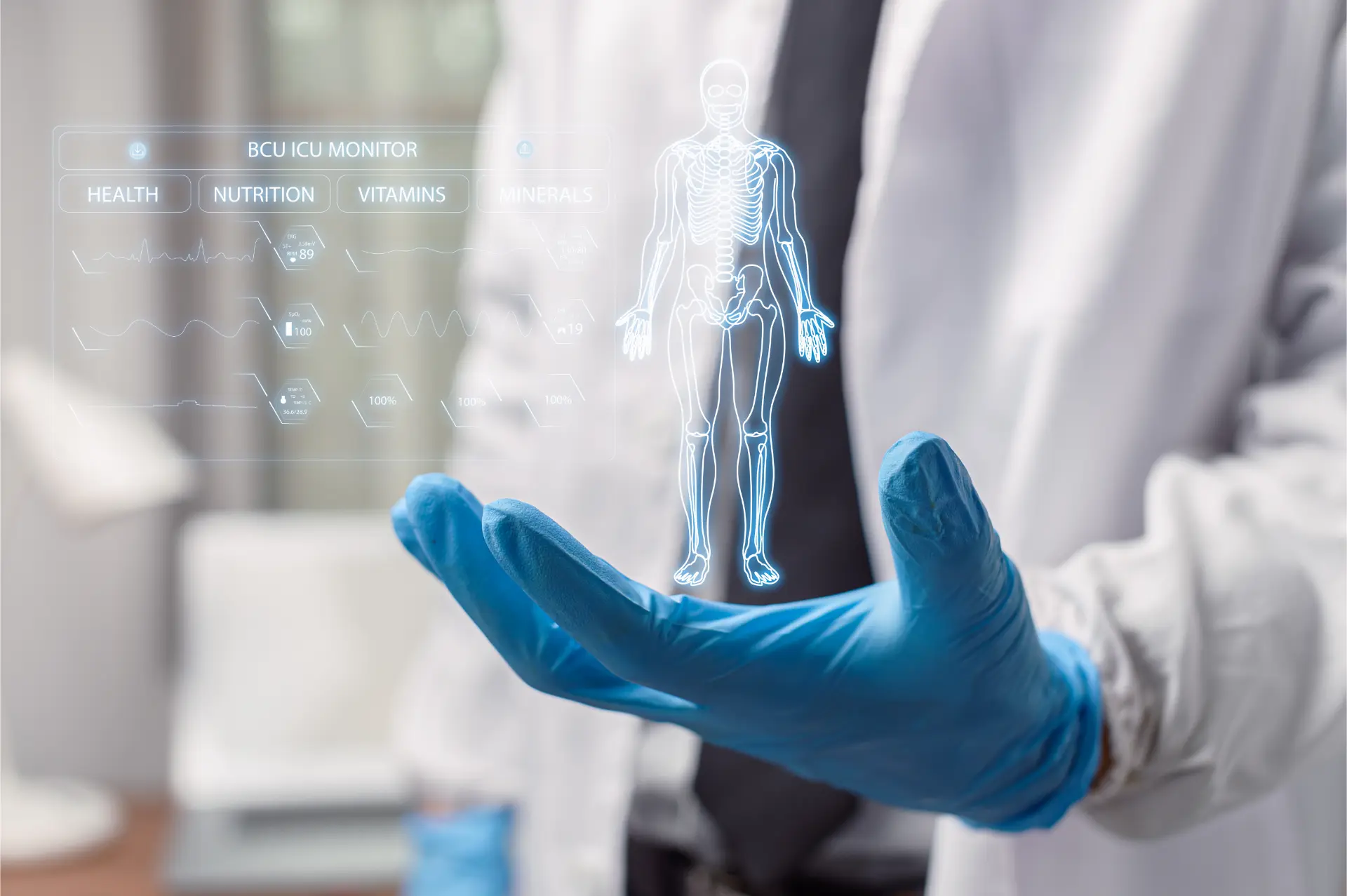 Médico analisando informações de saúde em sistema digital internacional