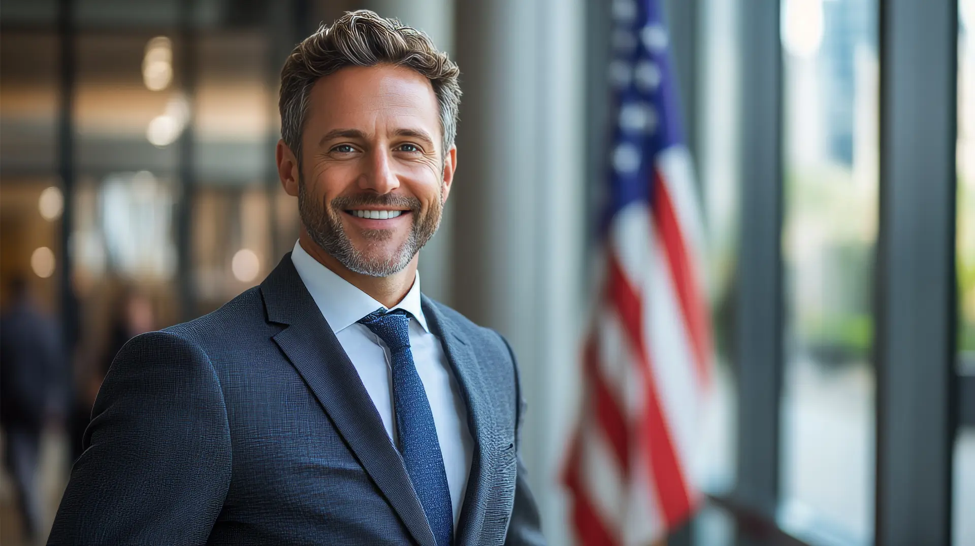 Retrato de um empresário americano de sucesso em seu escritório, com a bandeira dos EUA no fundo, simbolizando a fluência em inglês para negócios.