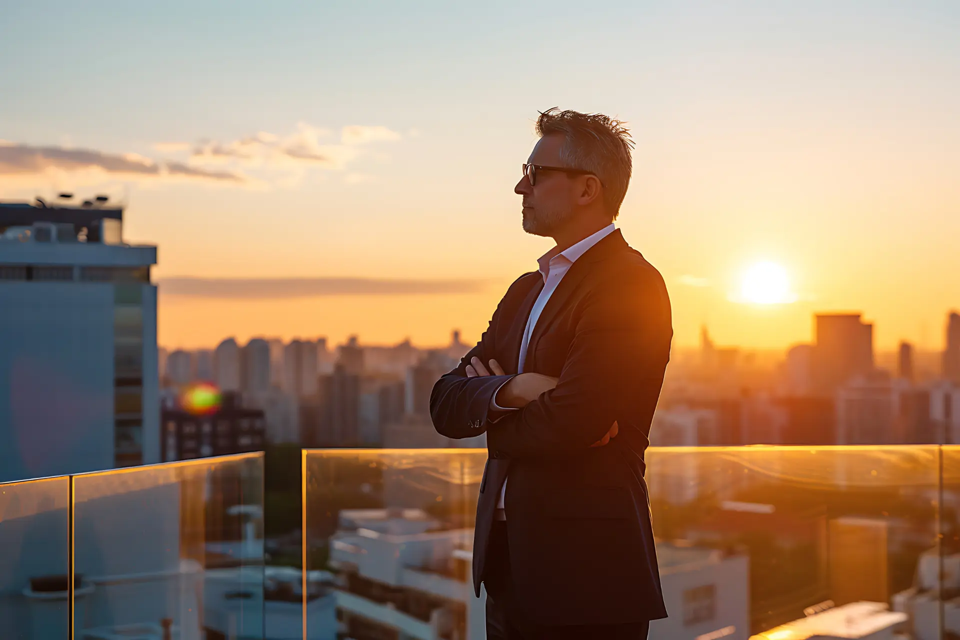 Homem de negócios confiante ao pôr do sol, refletindo sobre o futuro do inglês personalizado