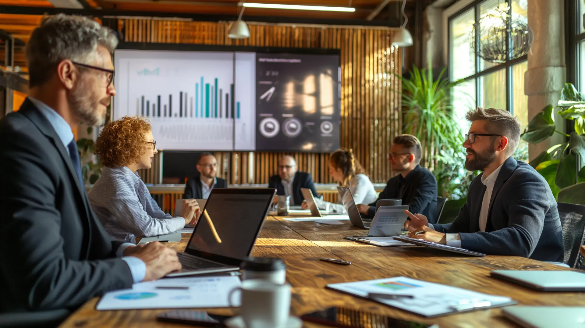 Equipe em reunião de negócios com laptops e painel de indicadores ao fundo