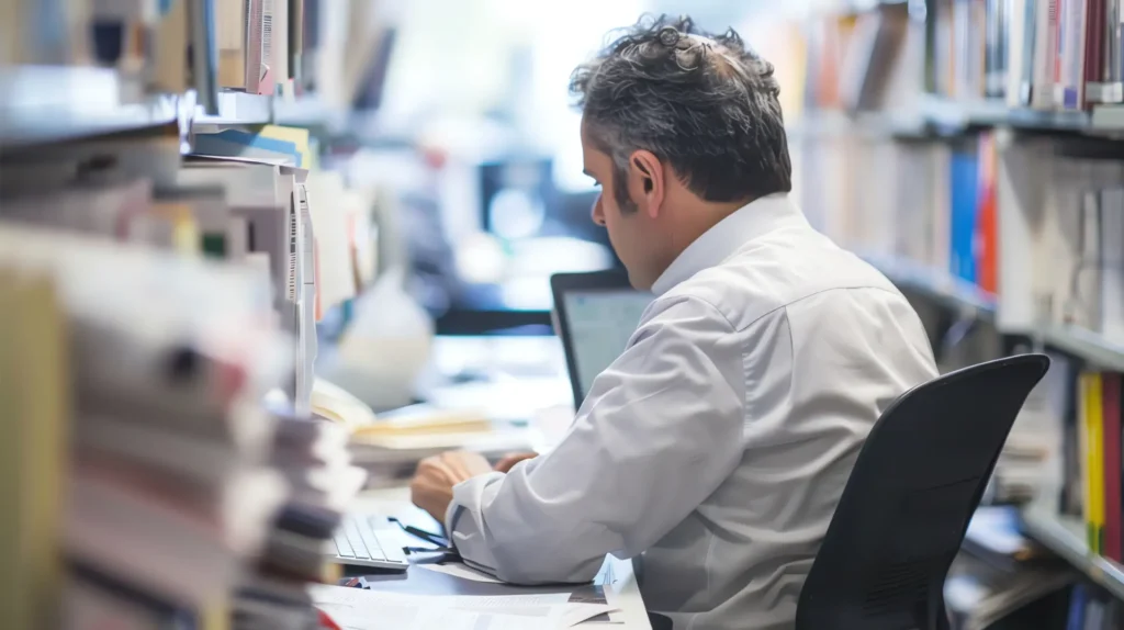 Estudante lendo papers em inglês no laptop em uma biblioteca