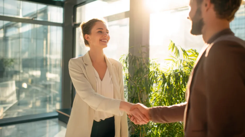 Recrutador recebendo candidato para entrevista de emprego em inglês