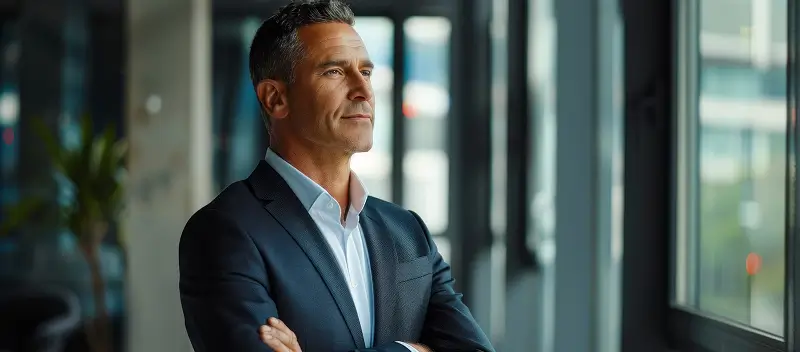 Homem confiante de terno observando a cidade pela janela, representando sucesso profissional alcançado com fluência em inglês.