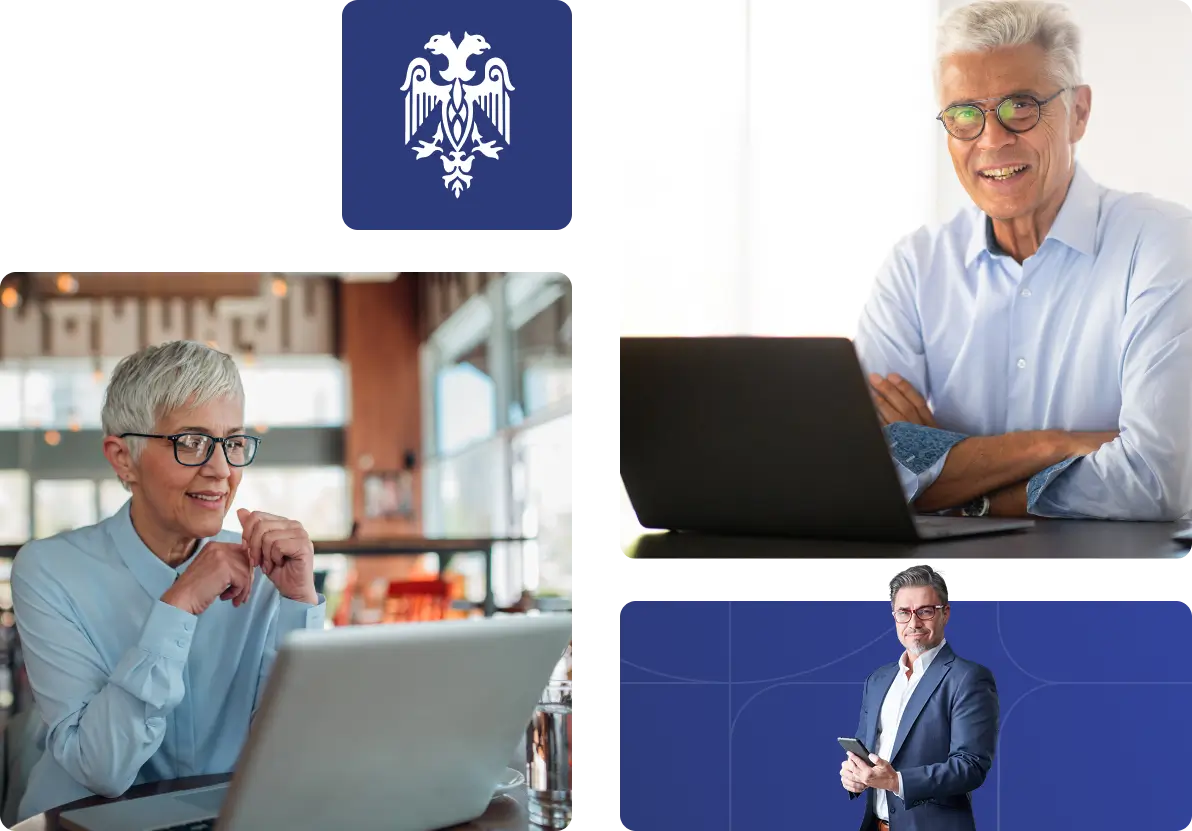 Pessoas da melhor idade aprendendo inglês com notebook em ambiente confortável.