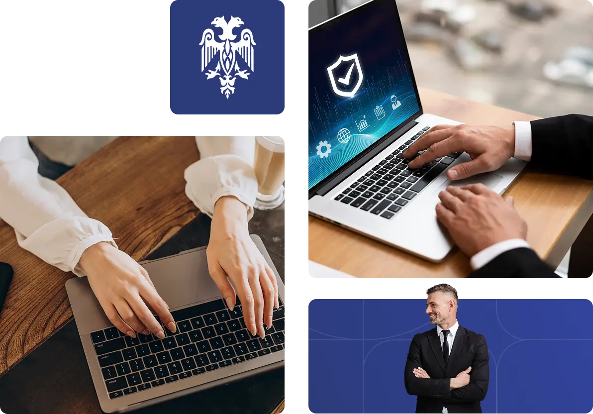 Mãos utilizando notebook com ícones de segurança digital em destaque.