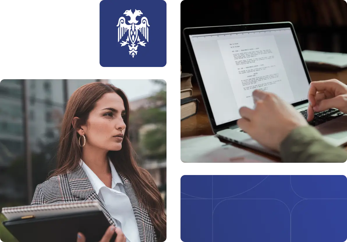 Pessoa lendo os termos de uso em inglês no notebook, ao lado de uma jovem profissional com caderno de anotações.