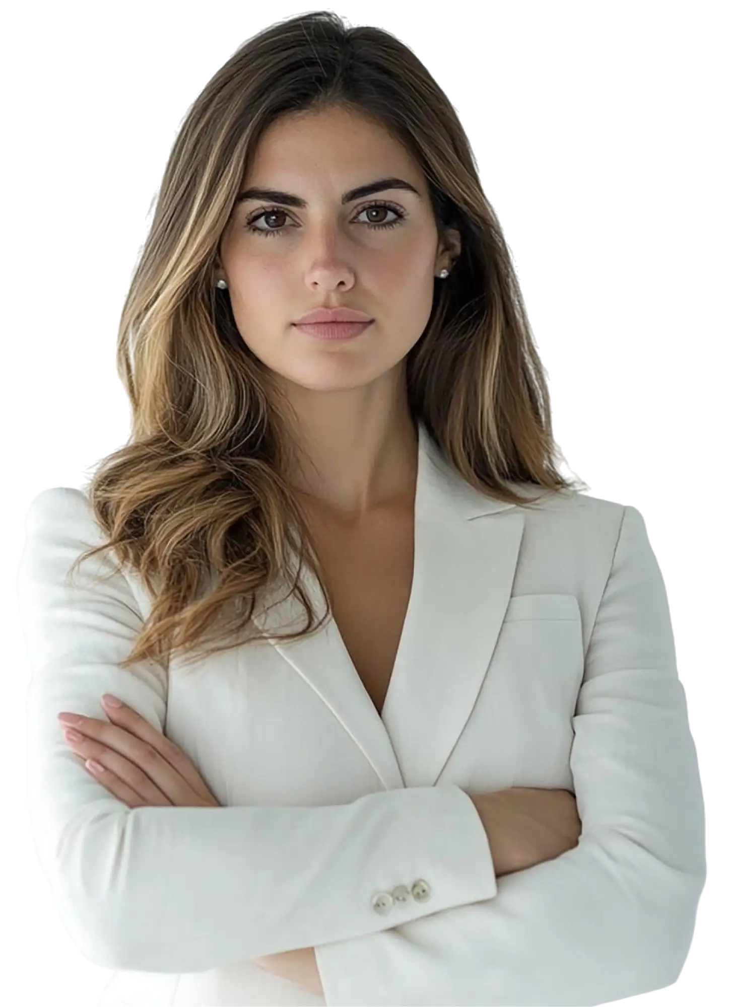 Mulher jovem e confiante usando blazer branco, com postura profissional e braços cruzados, simbolizando os resultados alcançados com curso de inglês