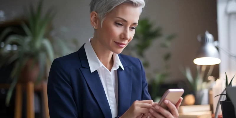Mulher madura e confiante, vestindo um blazer azul escuro, utilizando um smartphone em um ambiente profissional moderno, representando aprendizado contínuo e fluência em inglês.