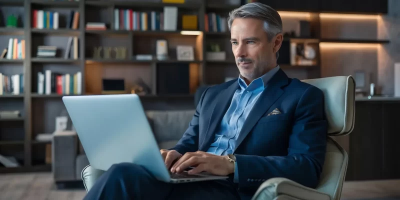 Homem maduro e bem-sucedido, vestindo um terno azul escuro, utilizando um laptop em um escritório sofisticado, simbolizando fluência em inglês e crescimento profissional.